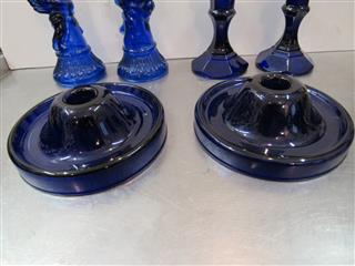 VINTAGE LOT OF 7 COBALT BLUE GLASS CANDLE HOLDERS